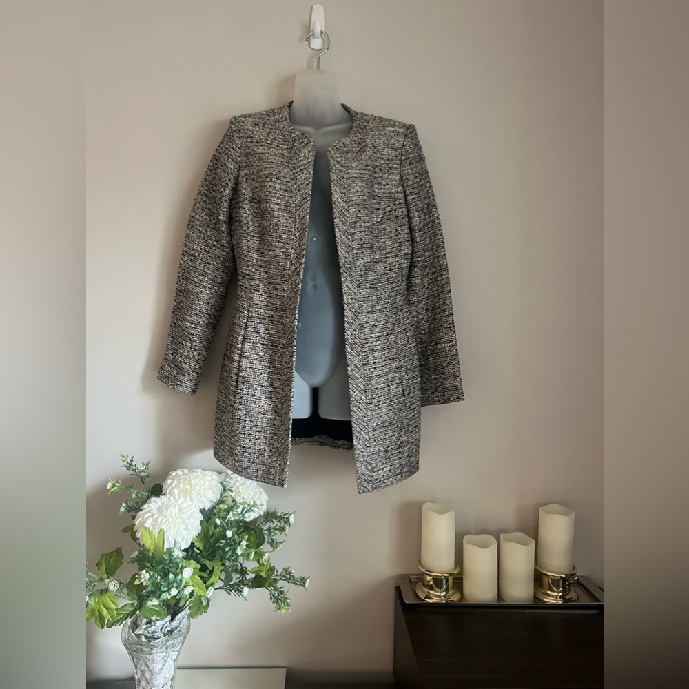 Simon Change metallic neutral beige open front long formal coat/blazer